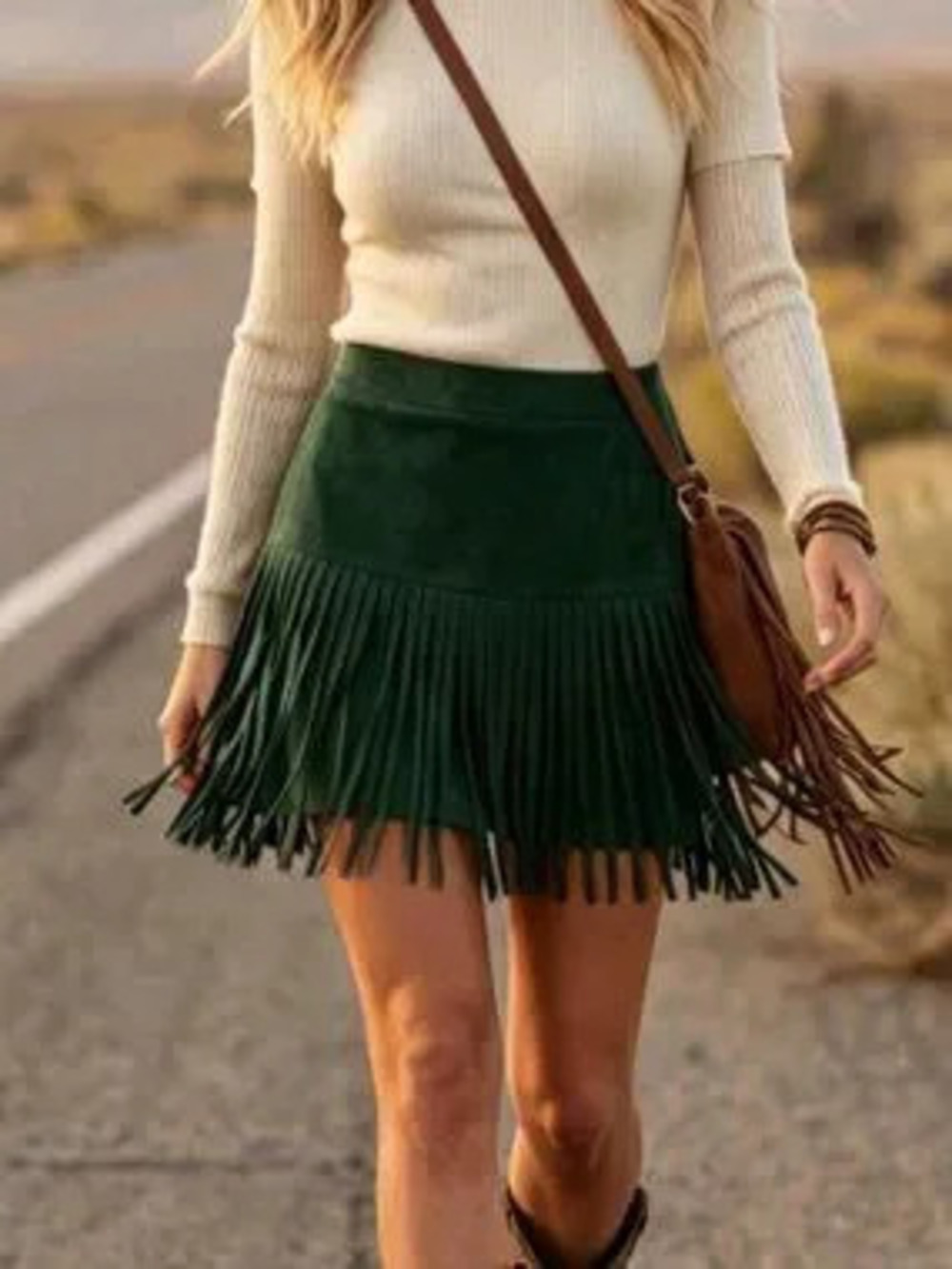 Green Casual Women's Western Tassel Skirt